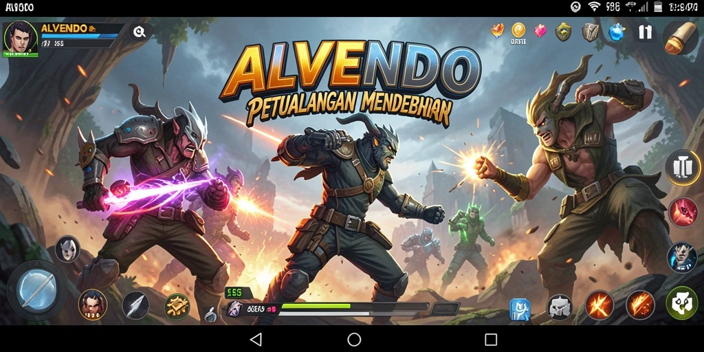 Screenshot utama ALVENDO menampilkan aksi pertarungan mendebarkan dan grafis menawan.