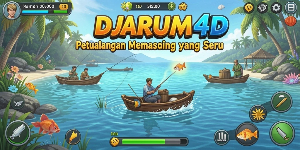 Screenshot gameplay DJARUM4D menunjukkan momen seru saat memancing ikan besar.