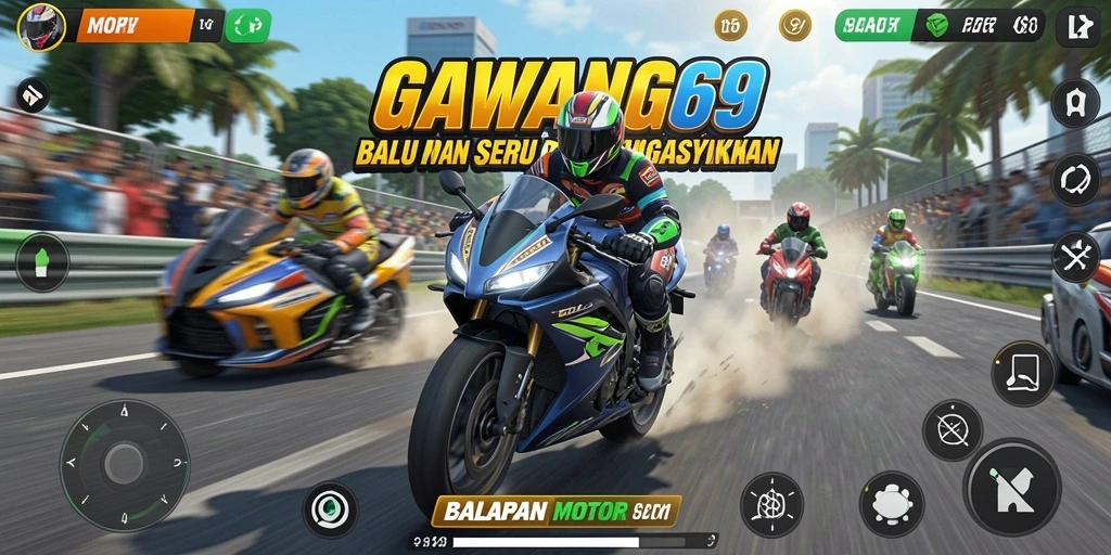 Screenshot GAWANG69 menampilkan aksi balapan motor yang mendebarkan.