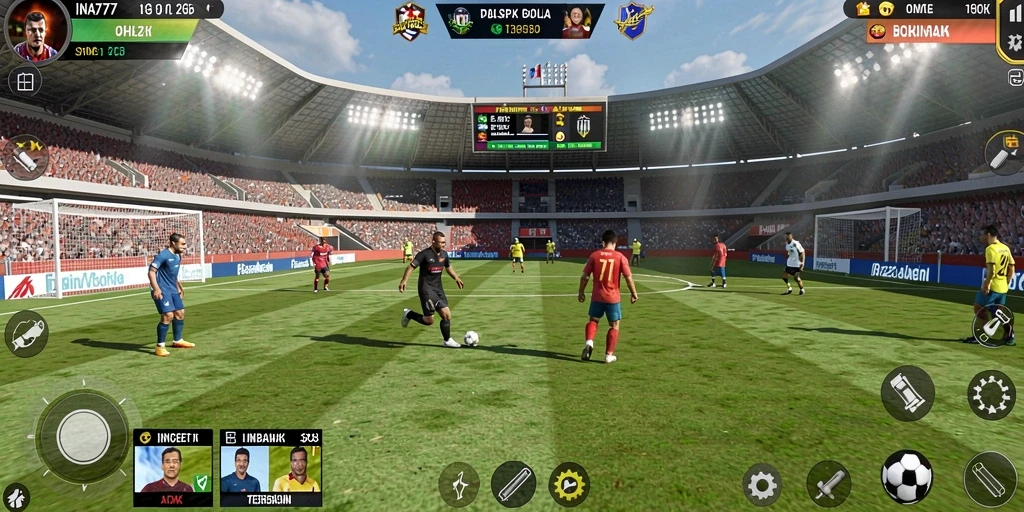 Tampilan aksi gameplay seru di lapangan sepak bola.