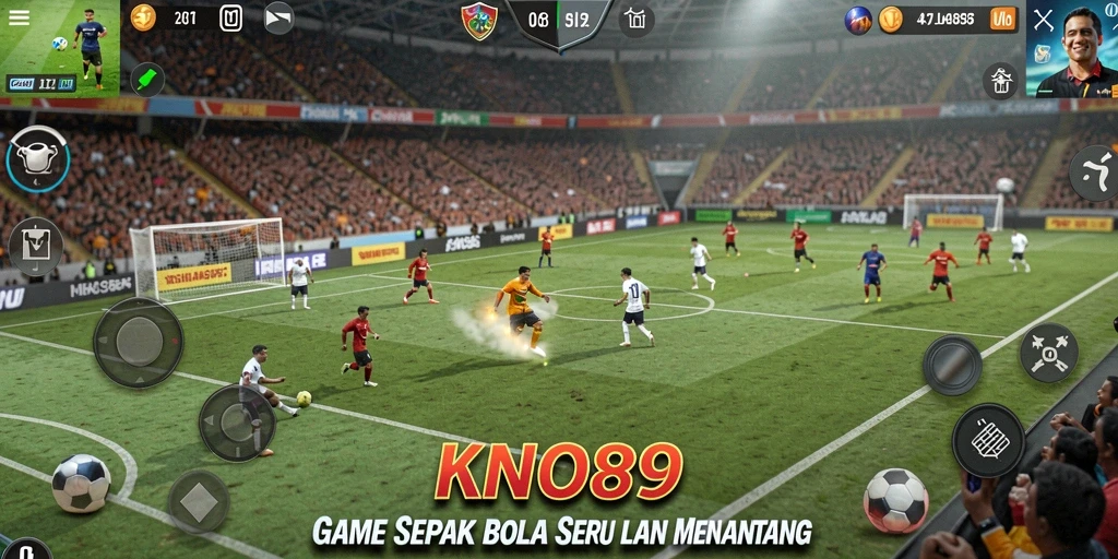 Screenshot gameplay KNO89 dengan aksi sepak bola yang seru.