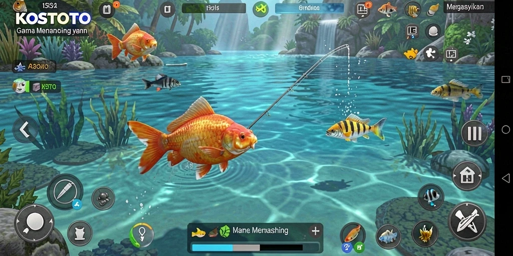 Screenshot gameplay KOSTOTO yang menampilkan pengalaman memancing yang menyenangkan.