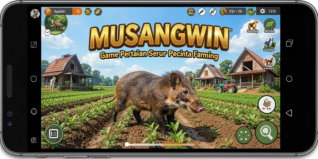 Screenshot gameplay MUSANGWIN yang menunjukkan aktivitas bertani.