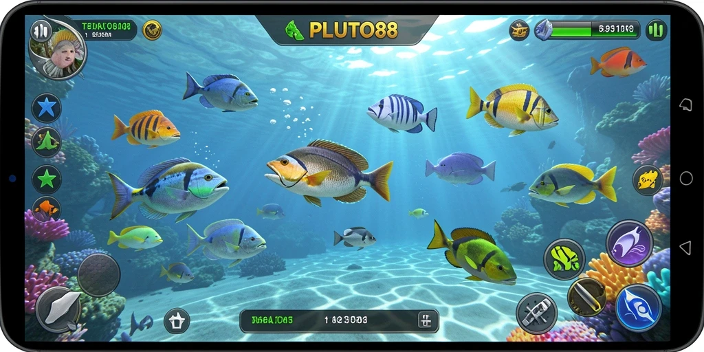 Tangkapan layar gameplay PLUTO88 menampilkan aksi seru menembak ikan.