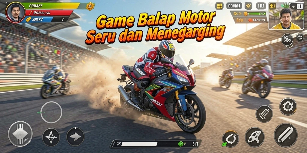 Tampilan gameplay seru PRIMA77 dengan balapan motor di trek menantang.
