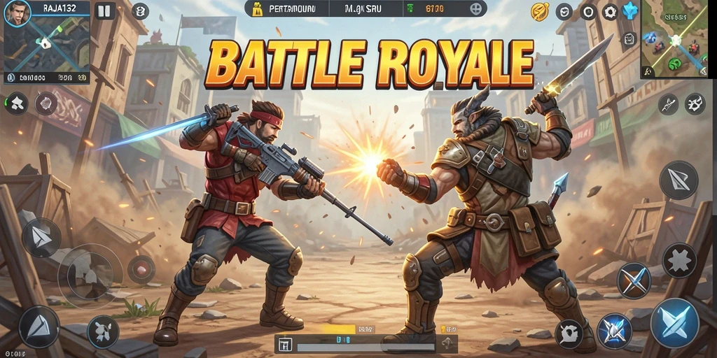 Screenshot menunjukkan momen intens dalam gameplay Battle Royale RAJA132.