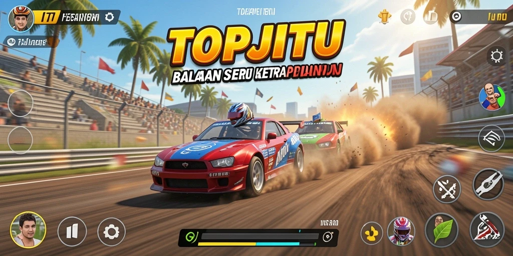Screenshot gameplay TOPJITU menampilkan balapan yang mendebarkan dan mobil yang cepat.